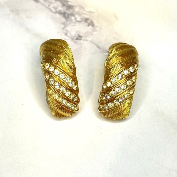 Christian Dior Gold Tone Clip-On Earrings Textured with Crystals Vintage Stamped - Picture 1 of 5